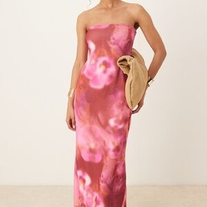 ASOS bandeau Midi dress pink floral print